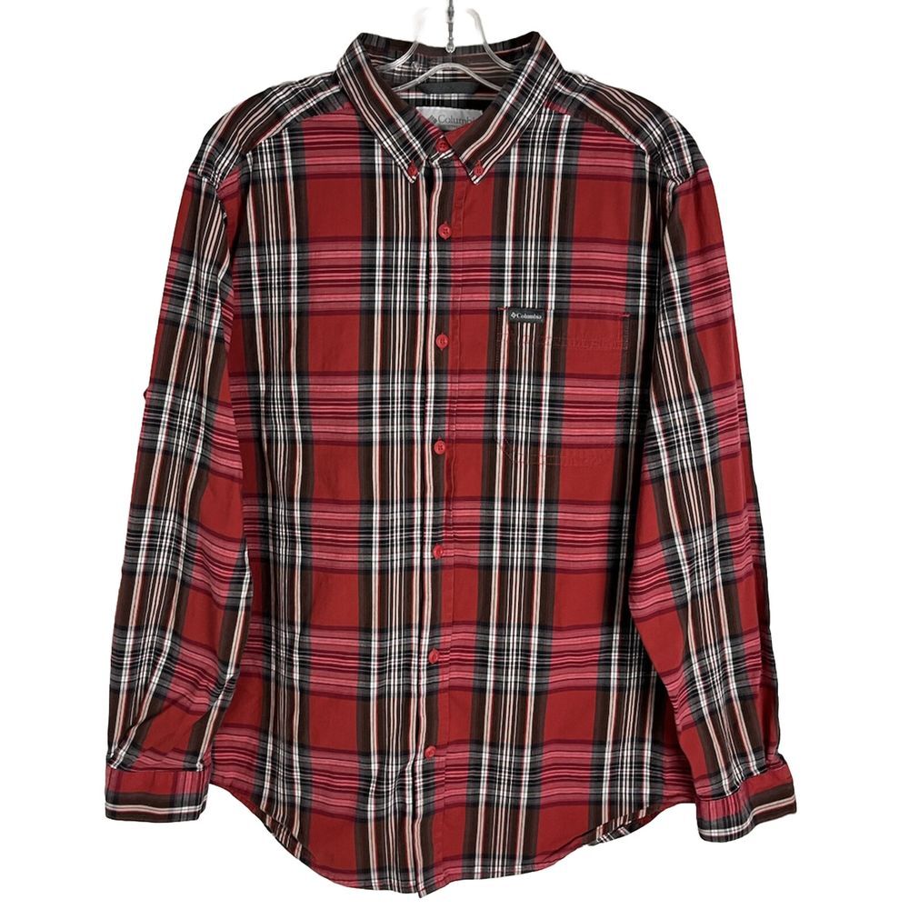 Columbia Sportswear L Long Sleeve Shirt Red Plaid‎ Button Down Cotton
